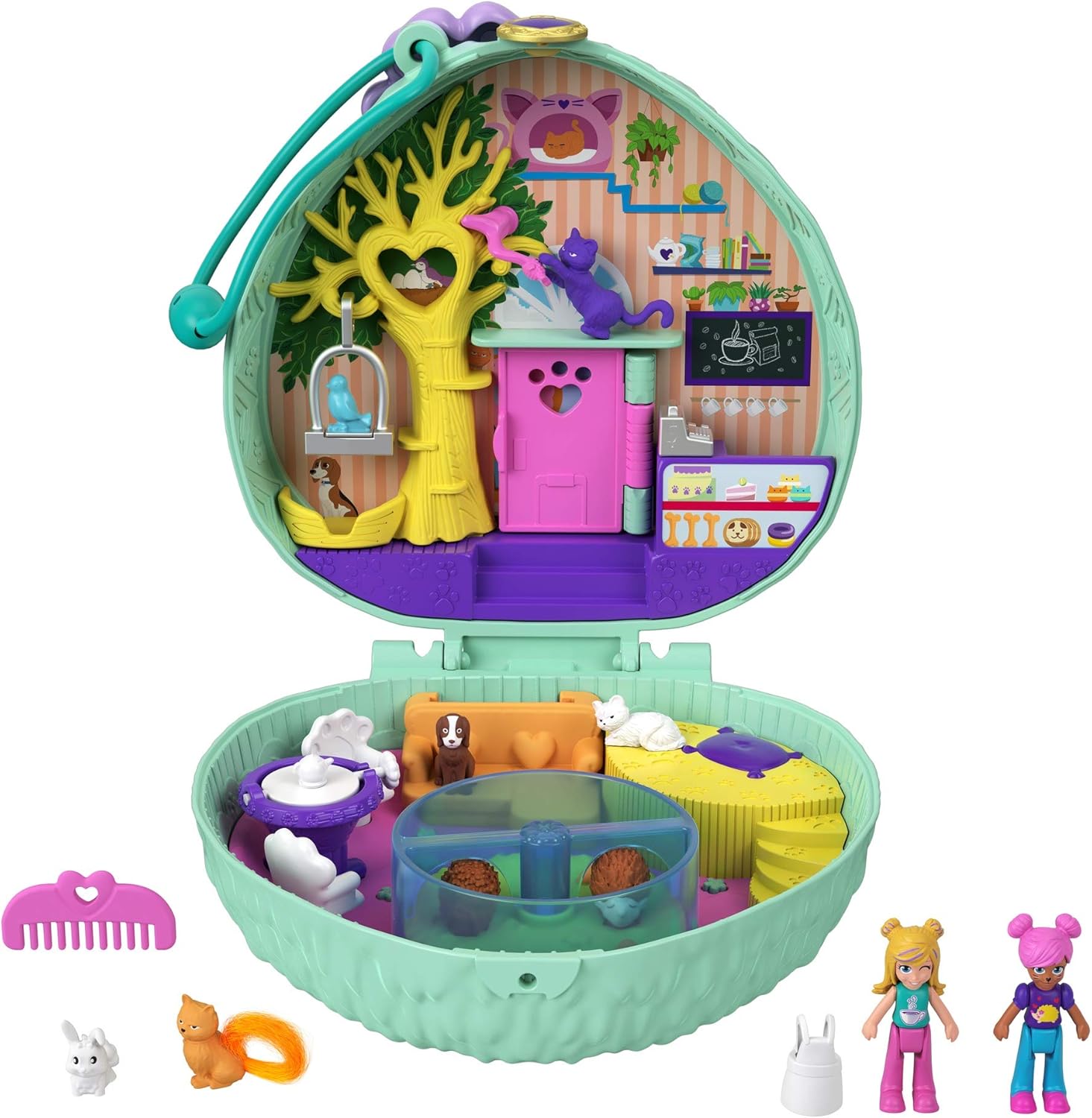 Polly Pocket Hedgehog Cafe Compact, Café & Pet Theme, Micro Polly Doll & Friend Doll, 2 Animal Figures (1 Cat with Tail Hair), Fun Features & Surprise Reveals, Great Gift for Ages 4 Years Old & Up