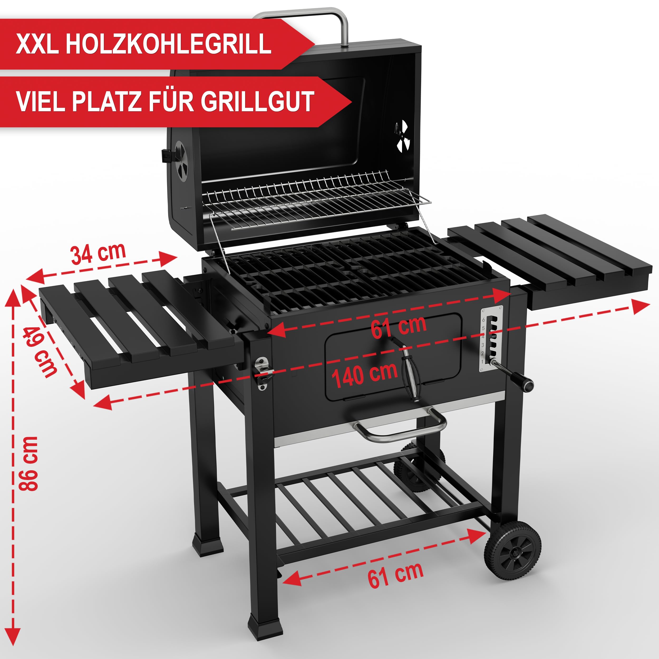 ONBEST Holzkohlegrill mit Grillrost aus Gusseisen – PLUS Abdeckung - XXL BBQ Grill mit Deckel – mobiler Grillwagen mit klappbaren Ablagen – Grillrostverstellung –Thermometer – Flaschenöffner 7