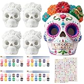 4 Set Halloween Skull Ceramic to Paint, DIY Unpainted Ceramic Sugar Skulls | Sugar Skull Style, Make Your Own 3D Skeleton Plaster Crafts, Day of The Dead Party Supplies, for Shelf, Mantle, Desk
