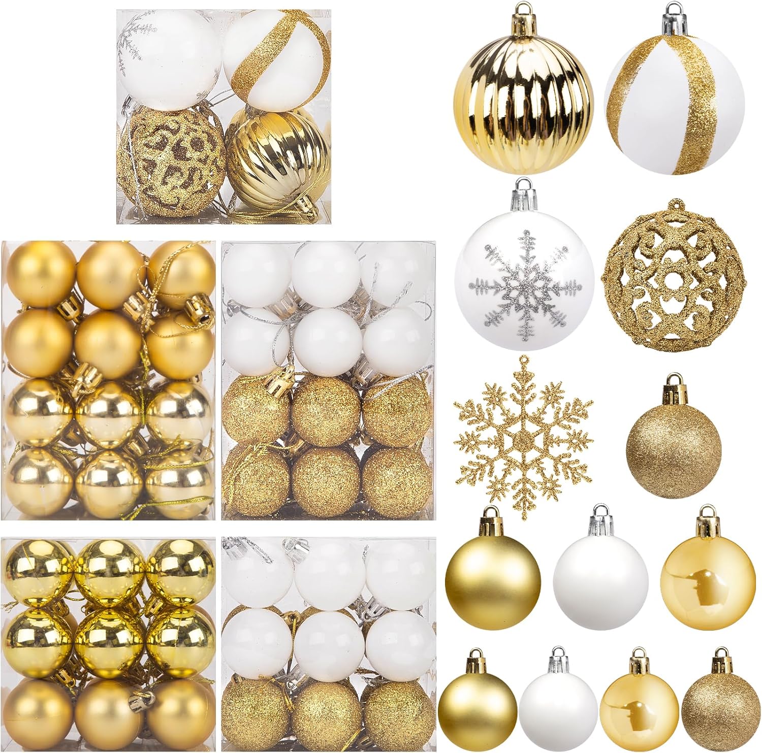 Ornaments - DomeStar 100PCS Christmas Tree Ornaments, Christmas Ball Set Glitter Shatterproof Baubles Snowflakes Gold White for Xmas Tree Wreath Christmas Party Wedding