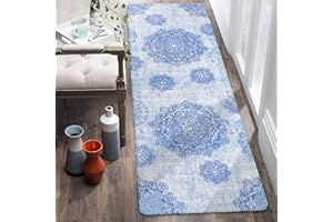 Lahome Vintage Medallion Hallway Runner Rug - 2x6 Washable Non Slip Runner Rugs with Rubber Backing Throw Soft Non-Shedding Laundry Room Rug Blue Distressed Carpet Runner for Kitchen Bathroom Bedroom