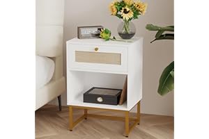 JOONEE Rattan Nightstand,Farmhouse Modern Boho Bedside Table with Storage Drawer and Open Shelf,Small Gold Frame Side End Table for Bedroom,Living Room,Office(White)