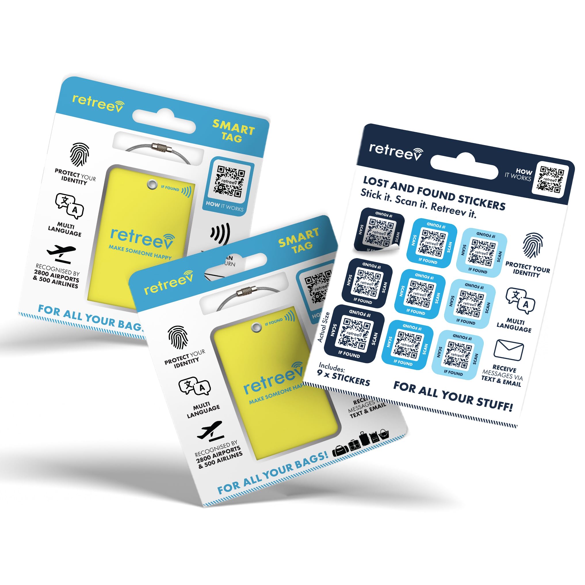 retreev™ Smart Tags and Smart Stickers: Secure Retrieval, Identity Protection | Easy Setup | Supported by Airlines & Airports Worldwide - 2 x Tags and Stickers Combo Pack - Yellow