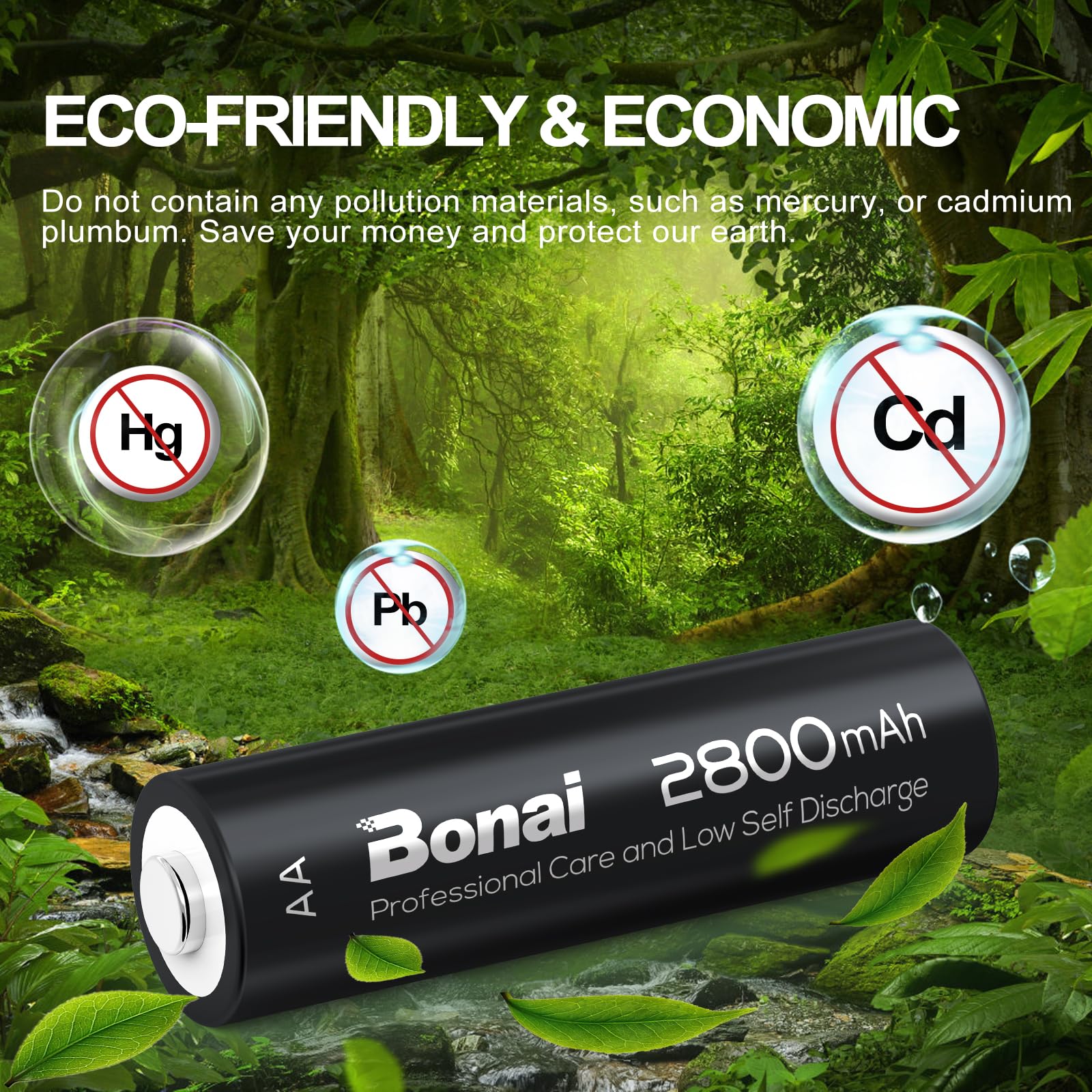 BONAI Rechargeable AA Batteries High-Capacity 2800mAh, Recharge up to 1200x Times, NiMH Battery Low Self Discharge Pre-Charge Double AA Battery 24 Count