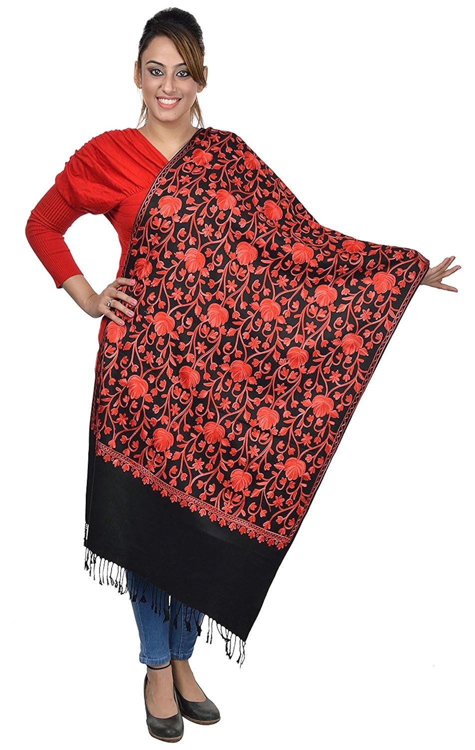 the madhusudan gallery kashmiri women's embroidered shawl/stole wrap (black, 28 inch x 80 inch)