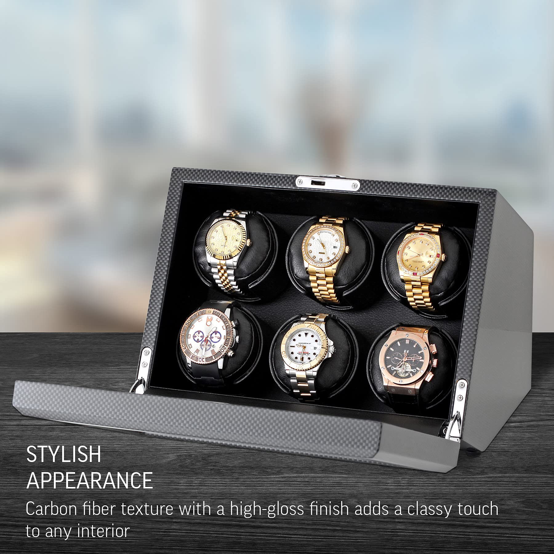 Watch Winder for 6 Automatic Watches with Motor-Stop and Battery Power Option