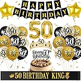 27PCS Black Gold 50th Birthday Decoration Gift for Men Him Husband Father Black Gold 50th Birthday Banner Balloons Cake Topper King Crown Sash Number 50 Foil Balloon for Party Supplies