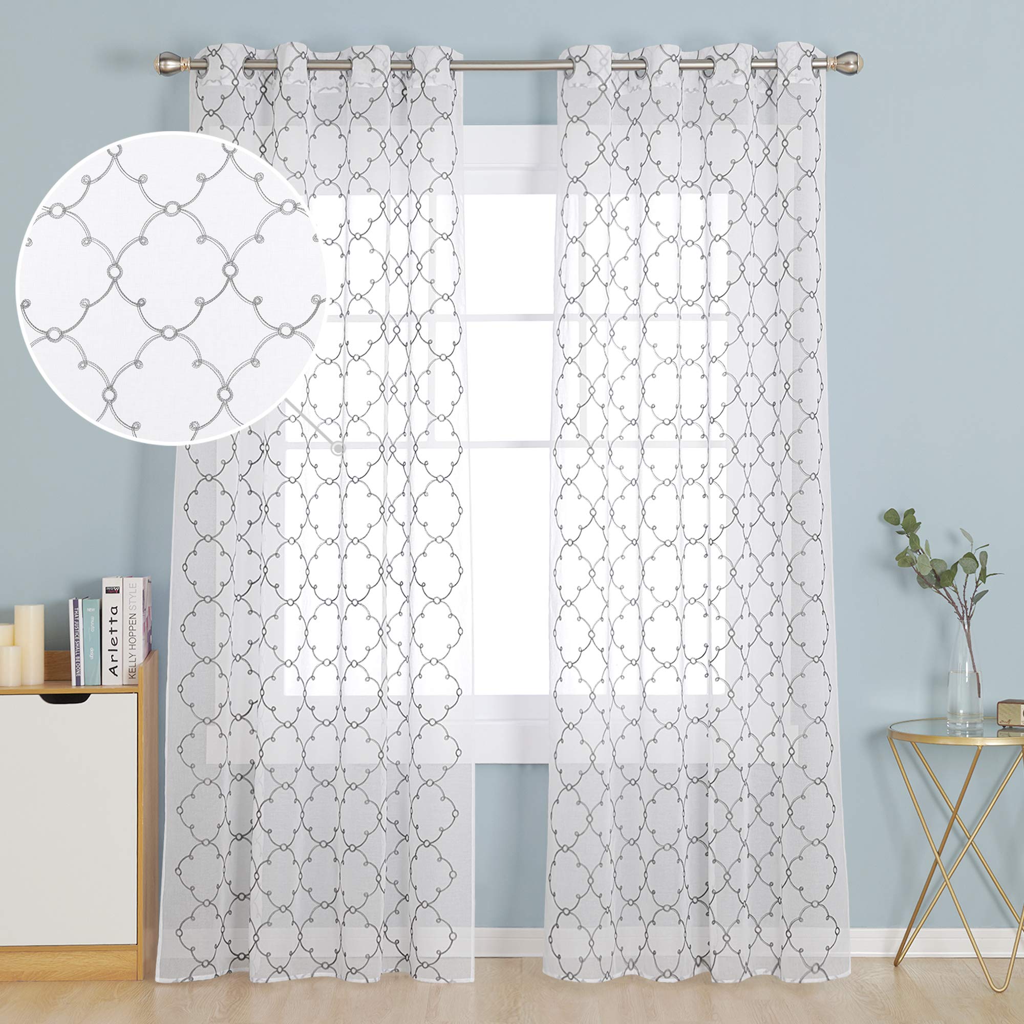 Deconovo Eyelet Diamond Embroidery Voile Curtains Decorative Net Curtains Semi Transparent Voile Net Curtains 55 x90 Drop Inch Grey Set of 2