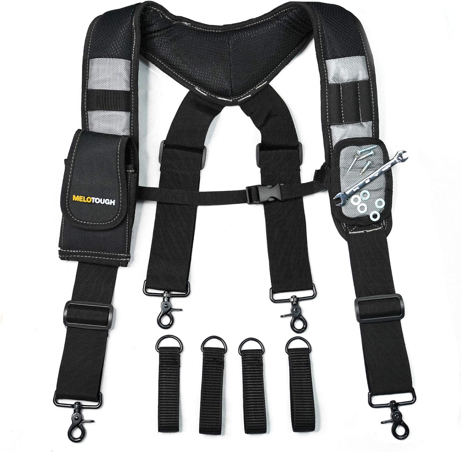 Melo Tough Magnetic Suspenders Tool Belt Suspenders with Large Moveable Phone Holder, Pencil Holder, Adjustable Size Padded Suspenders (Grey): Clothing