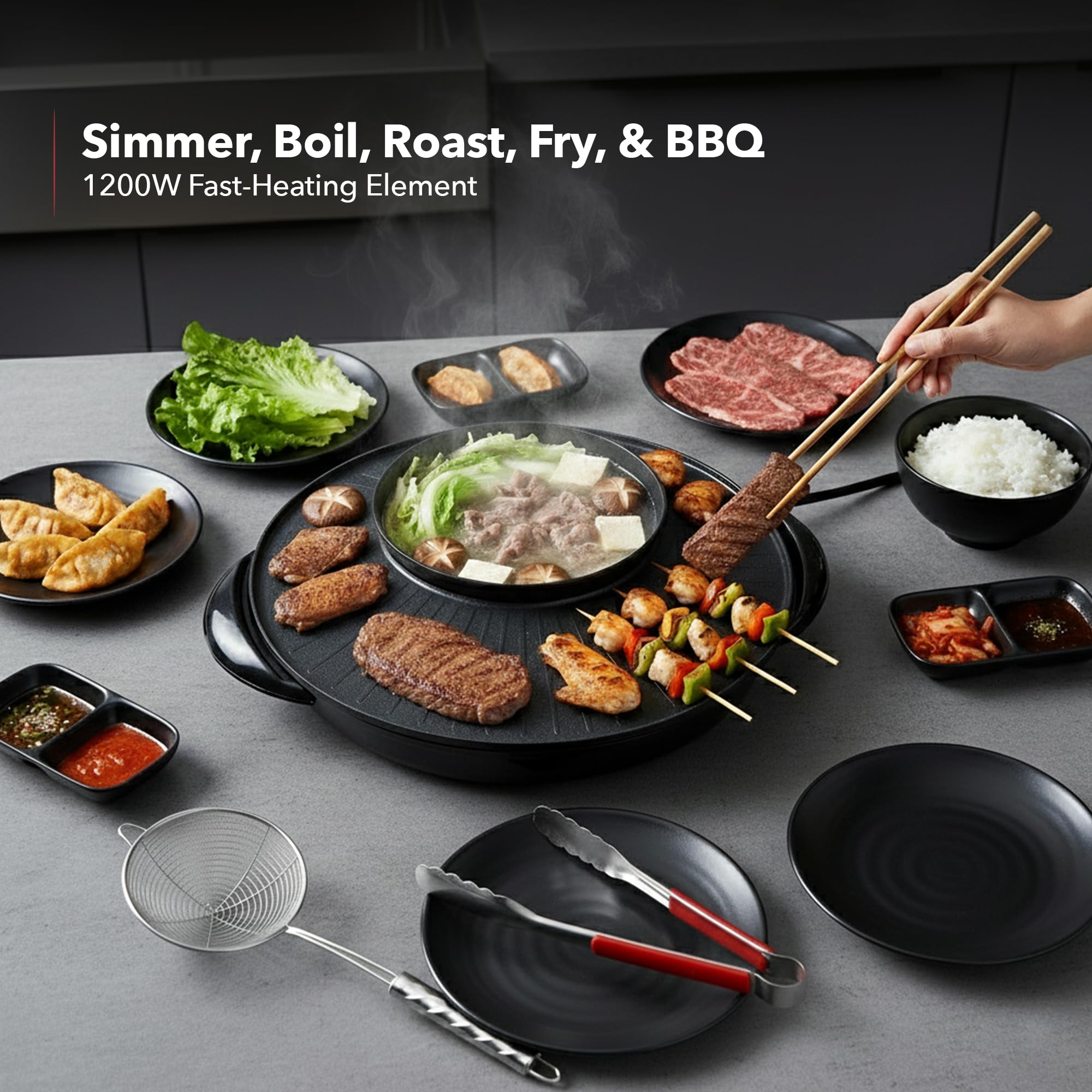 OVENTE Electric Hot Pot and Grill Combo, 2-in-1 Portable Countertop Cooker with Temperature Control Perfect for Korean BBQ, Shabu Shabu and Soup with Free Strainer, Chopsticks and Tong, Black GH10133B