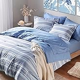 Codi Queen Size Comforter Sets with Sheets, Modern Blue and White Striped Bed in a Bag, 7-Piece Complete Bedding Set Including Reversible Comforter, 2 Sheets, Pillowcases & Shams