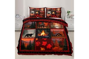 Wild Animal Bear Hunting Duvet Cover California King, Sunset Autumn Forest Country Wildlife Bedding Set 3 Piece, Natural Land