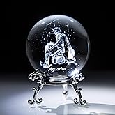 3D Laser Constellation Crystal Ball 60mm Crystal Paperweight Full Sphere Glass Fengshui with Sliver-Plated Flowering Stand(Aquarius)