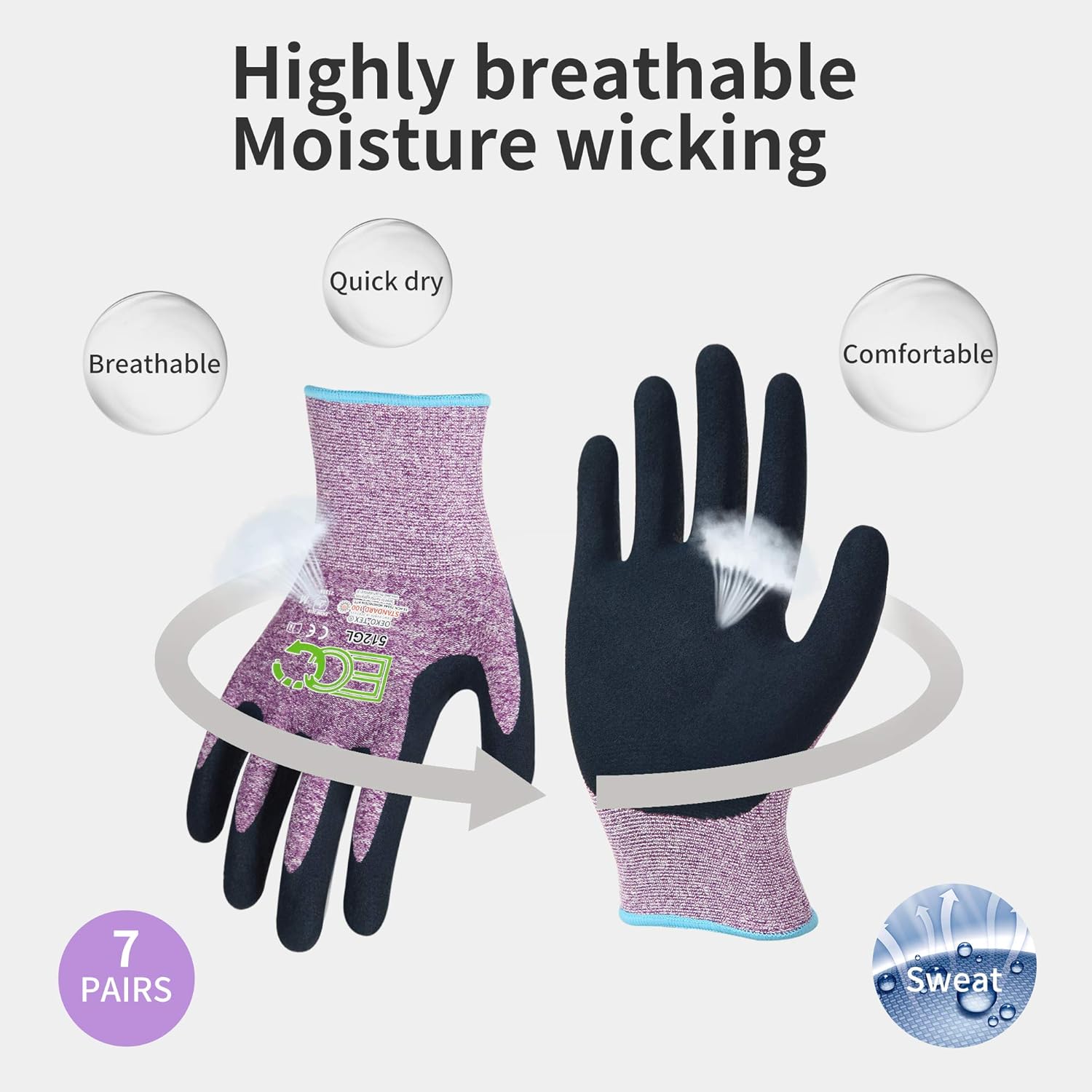 KANGLONGDA 7 Pairs Womens Gardening Gloves with Micro Foam Coating, EN388 2131X Texture Grip Work Gloves for Gardening & General Purpose, 3 Purple + 3Blue +1 Grey: Clothing