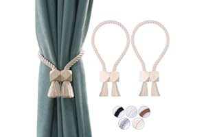 OCIOLI 2 Pack Strong Magnetic Curtain Tiebacks Curtain Holdbacks Outdoor Curtain Tiebacks Cotton Hand Woven Tie Backs Drapery Holdbacks Curtain Ties for Drapes (Beige, 2)