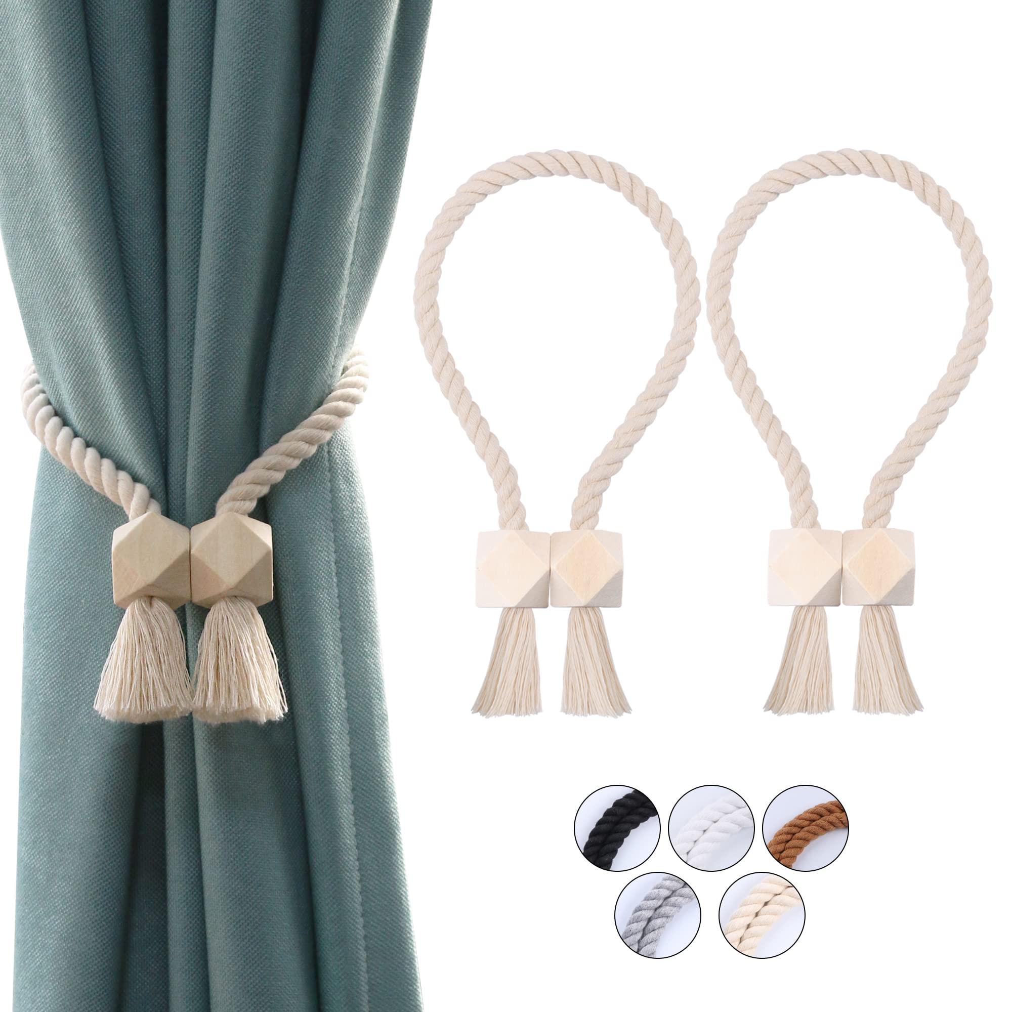 OCIOLI 2 Pack Strong Magnetic Curtain Tiebacks Curtain Holdbacks Outdoor Curtain Tiebacks Cotton Hand Woven Tie Backs Drapery Holdbacks Curtain Ties for Drapes (Beige, 2)