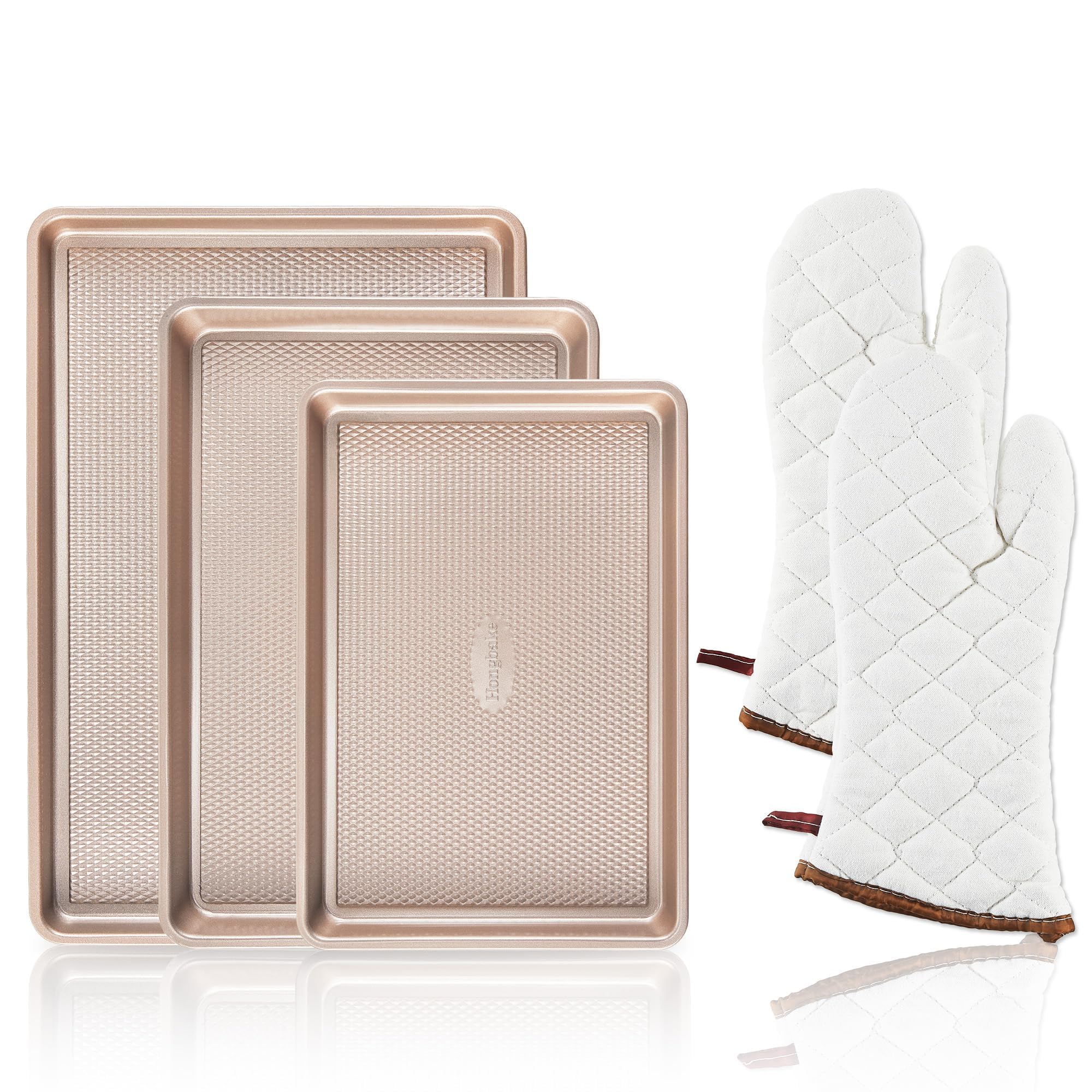 Photo 1 of HONGBAKE 3 Pack Gold Nonstick Baking Sheet Pan Set with Oven Mitts Heat Resistant, Non-Toxic Half/Quarter/Jelly Roll Pans with Diamond Texture Pattern, Heavy Duty 0.8mm Thick Cookie Trays for Cooking