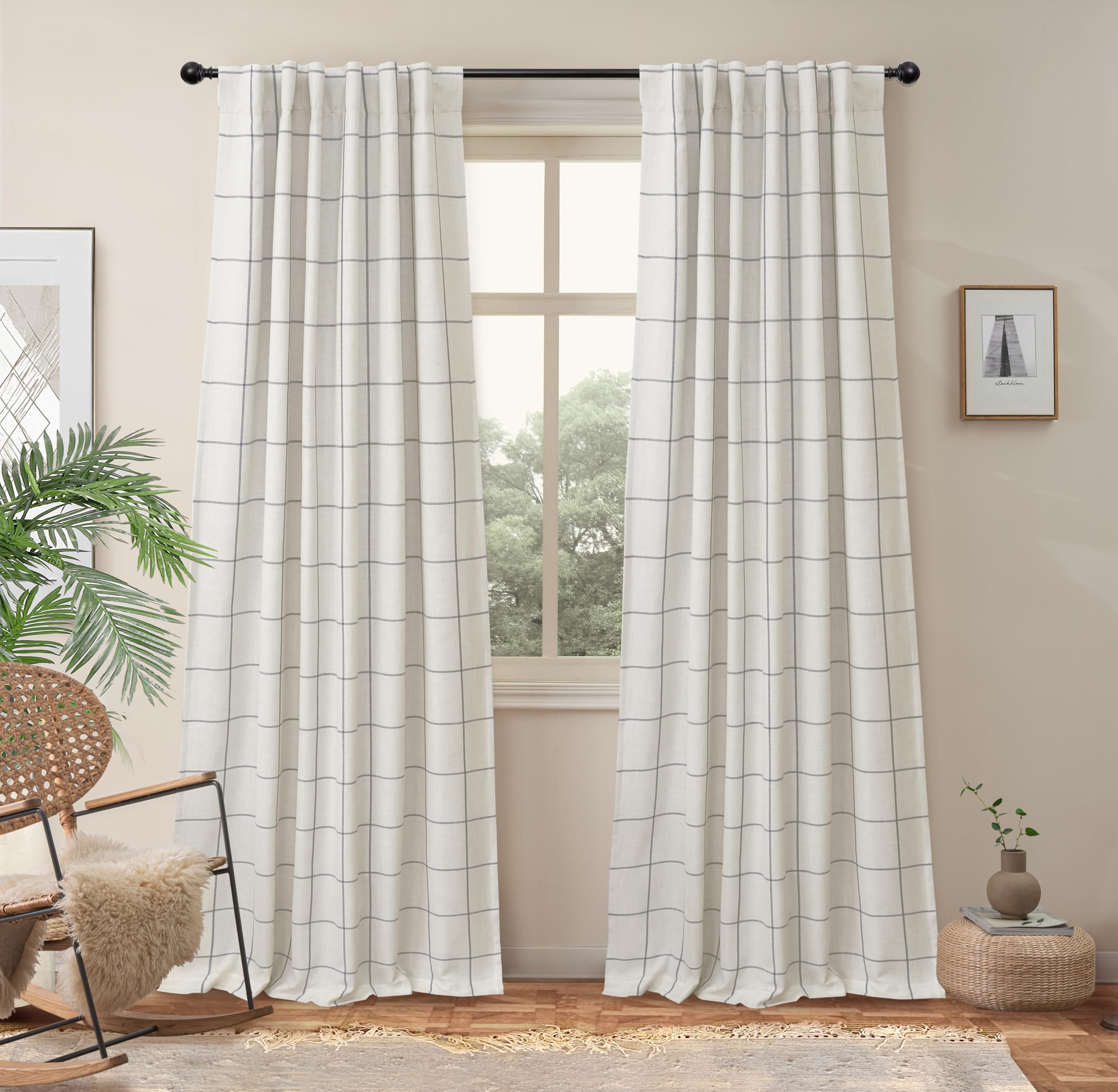 Photo 1 of (USED/FAIR) DriftAway 2 Panels 100% Blackout Windowpane Plaid Linen Curtains Double Layer Drapes for Bedroom 84 Inches Long Farmhouse Thermal Insulated 3.25 Inch Rod Pocket Back Tab for Living Room Gray