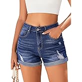 Bosmeer Women's Mid-High Rise Ripped Denim Shorts Stretchy Distressed Jean Shorts with Pockets Folded Hem Casual Summer Jorts