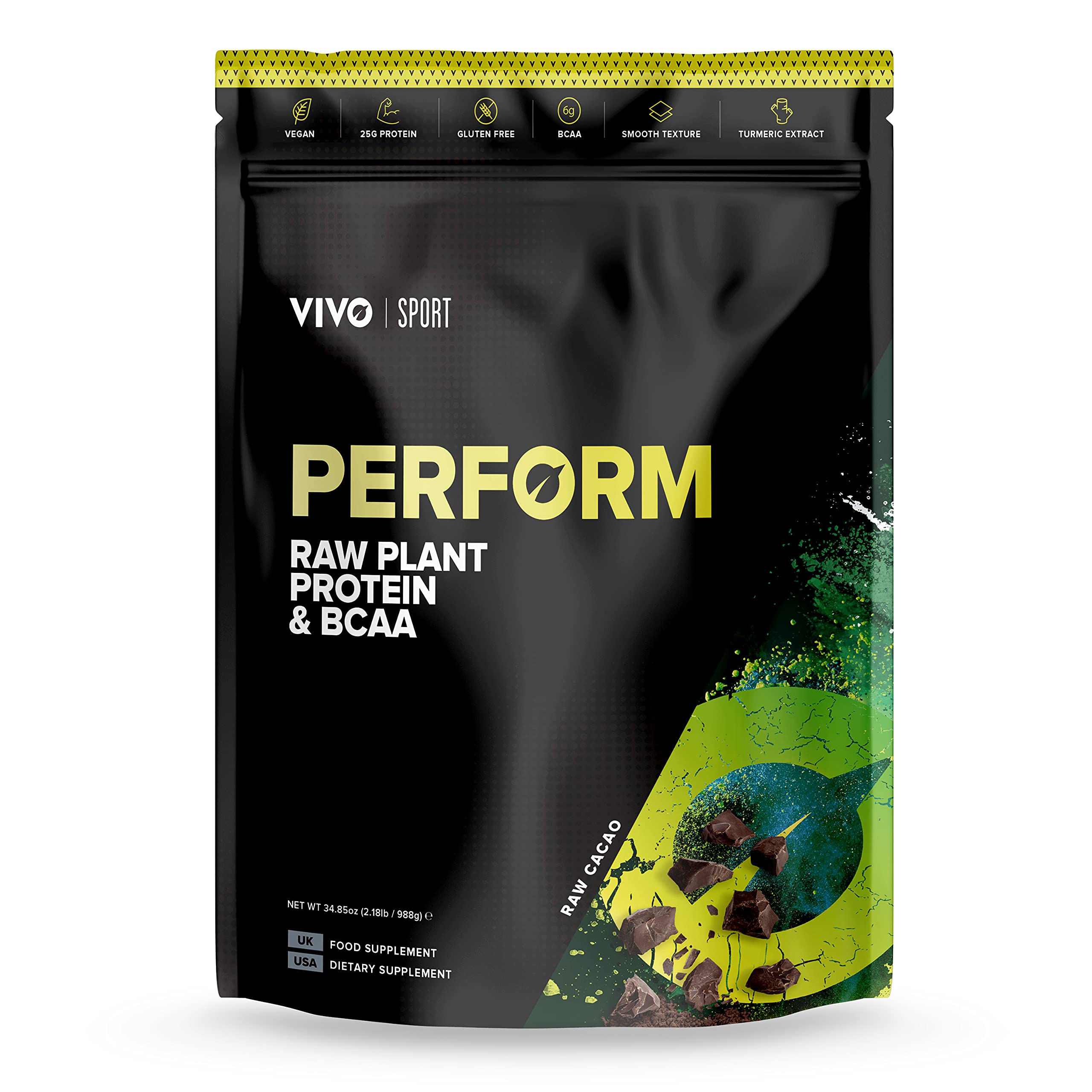 Vivo Life Perform - Raw Vegan Protein Powder | Pea & Hemp Protein Blend with BCAA | Gluten & Soy Free Protein Shak (Raw Cacao, Large)