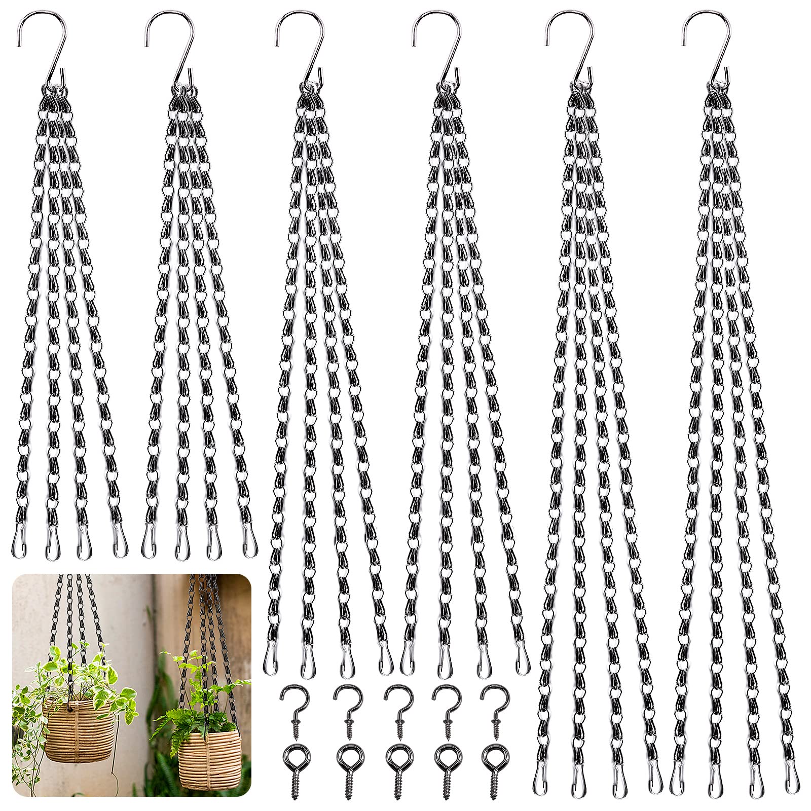 Rustark 6 Sets 16 20 24 Inch Black Hanging Basket Chains Sets with Hooks Hanging Plant Chains Hanger Outdoor Indoor with Cup Hooks and Eye Bolts for Bird Feeders, Planters, Wind Chimes, DIY Decors