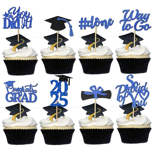 Graduation Cupcake Toppers 2025 - Glitter Cap & Diploma Picks, 36 Pcs Silver Blue Decorations