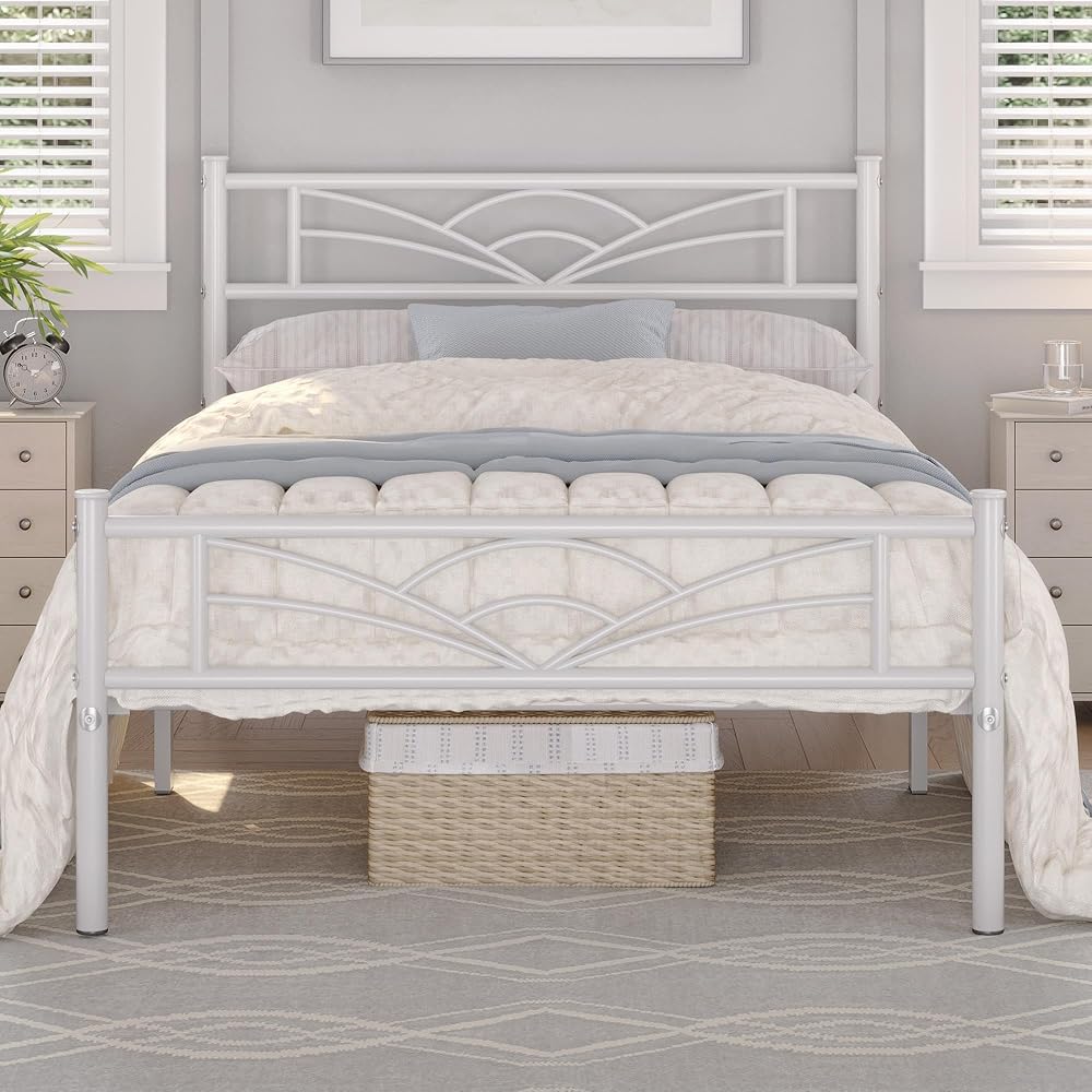 Yaheetech 3ft Single Bed Frame Slatted Metal with Cloud Headboard White