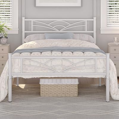 Yaheetech 3ft Single Bed Frame Slatted Metal with Cloud Headboard White