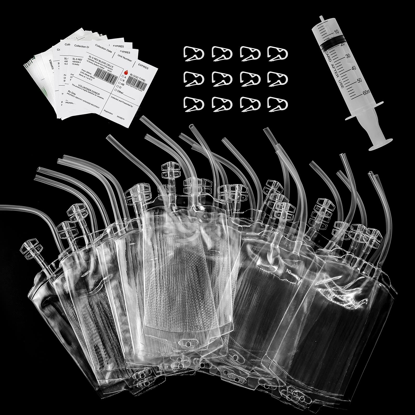 50 Packs Halloween Blood IV Bags for Drinks, Halloween Drinks Pouches Reusable Juice Container for Zombie Theme Carnival Vampire Party Decorations Supplies, 12.6 fl.oz (50pcs Bag, 50 Label,3 Syringes)