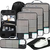 BAGAIL 4 Set/6 Set/8 Set Compression Packing Cubes Travel Accessories Expandable Packing Organizers (Half Mesh, 8-Jet Black)