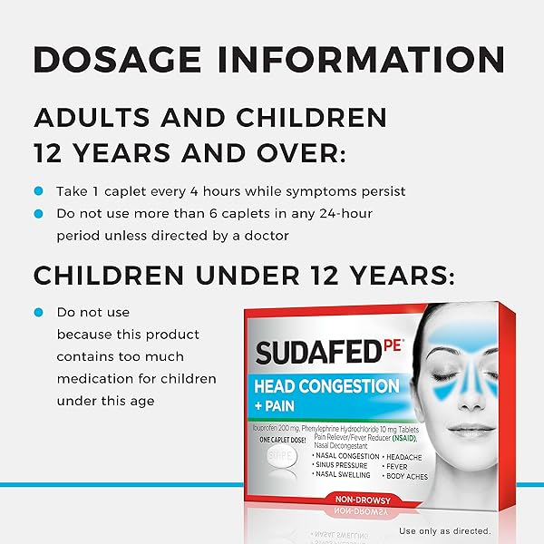 SUDAFED PE NON-DROWSY HEAD CONGESTION + PAIN RELIEF CAPLETS WITH IBUPROFEN 200 MG & PHENYLEPHRINE HCL 10 MG, NASAL DECONGESTANT & NSAID PAIN RELIEVER & FEVER REDUCER, 20 CT