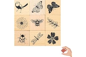AELOER 9 PCS Vintage Wooden Rubber Stamps, Wood Stamps for Crafting Pattern of Butterfly Bird Ladybird Flower Plant, Ink Rubber Stamp Set for Scrapbooking, DIY Art and Journals