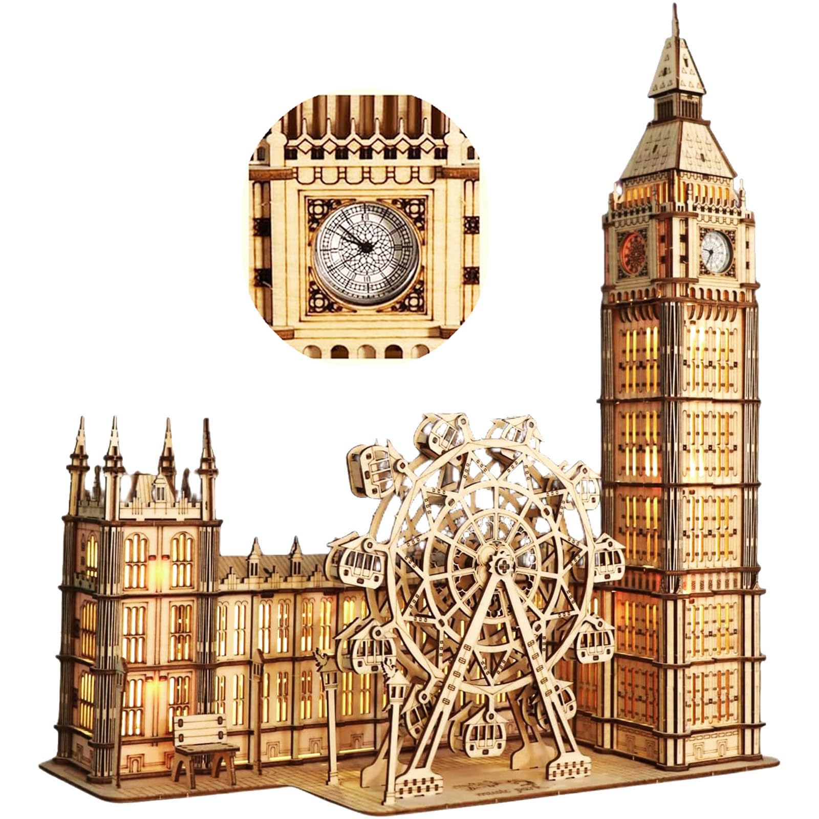 3D Puzzles Big Ben Wood Model Kit Building Craft Kits for Adults DIY Jigsaw Puzzle Real Clock With Night Ligh Ferris Wheel Wooden Puzzle London Souvenirs Sets Christmas Birthday Gifts Decoration