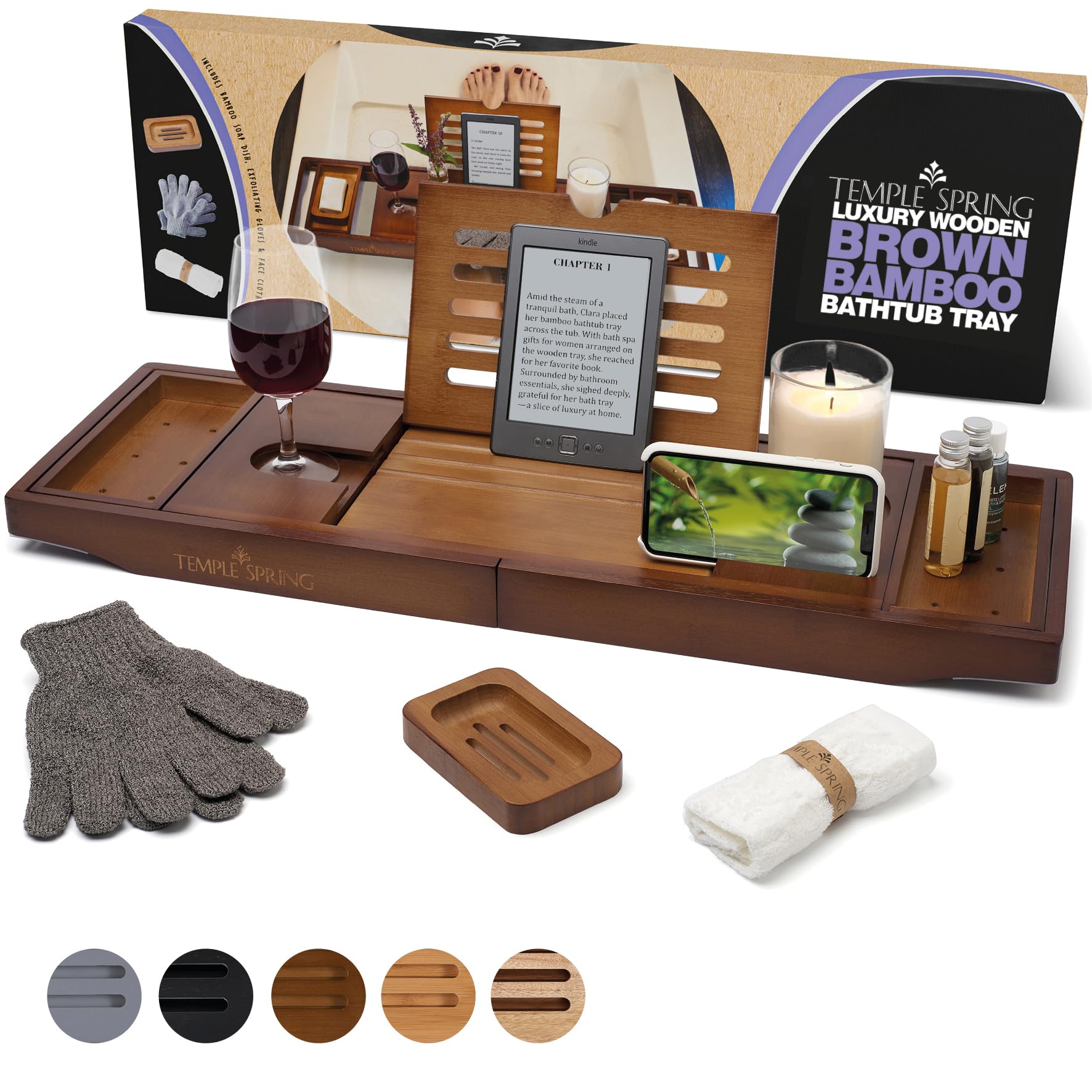 Temple Spring Wooden Bath Tray, Bath Shelf Bathroom Accessory, Home Spa Boards for Adults, Bathtub Caddy, Bamboo Bathroom Accessories Set, Extendable Bathtub Rack with iPad & Phone Holder -Wood Brown