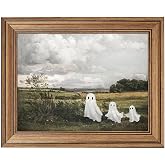 Vintage Halloween Wall Art, Gold Framed Cute Ghost Rustic Landscape Painting, Aesthetic Spooky Farmhouse Decor, Fall Seasonal Canvas Picture for Mantel, Living Room, Bedroom, Shelf Display (12