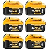 6 Packs 8000mAh Replacement for Dewalt 20V MAX Battery High-Capacity Lithium-Ion Batteries Compatible with DCB200, DCB208, DC