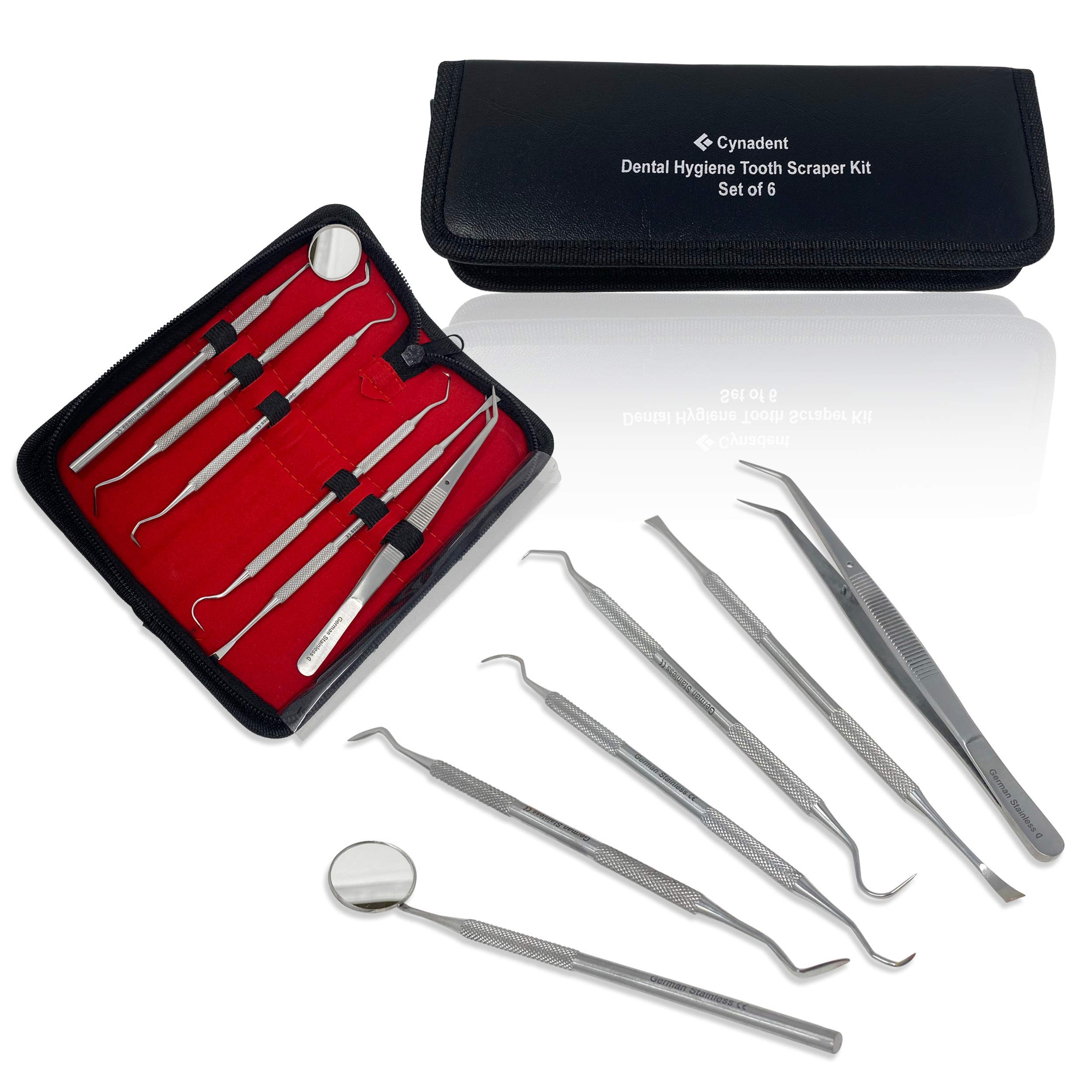 CynamedDental Tools Set 6PC– Stainless Steel Dental Pick, Tooth Scraper, Plaque & Tartar Remover, Tweezers, and Gum Floss for Personal and Pet Oral Care