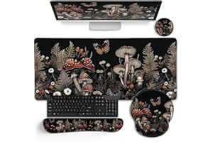 LIMKRIAN Mushroom Mouse Pad Set Large Desk Mat With Wrist Rest, Gaming Keyboard Mat, Cup Coaster Set, Office Decor Accessorie