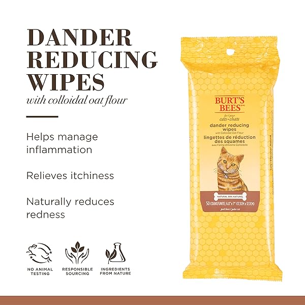 BURT’S BEES FOR PETS CAT DANDER WIPES WITH COLLOIDAL OAT FLOUR, 98% NATURAL ORIGIN FORMULAS, CAT DANDER REMEDY, CAT WIPES FOR ALLERGY RELIEF, CAT DANDER WIPES, 50CT