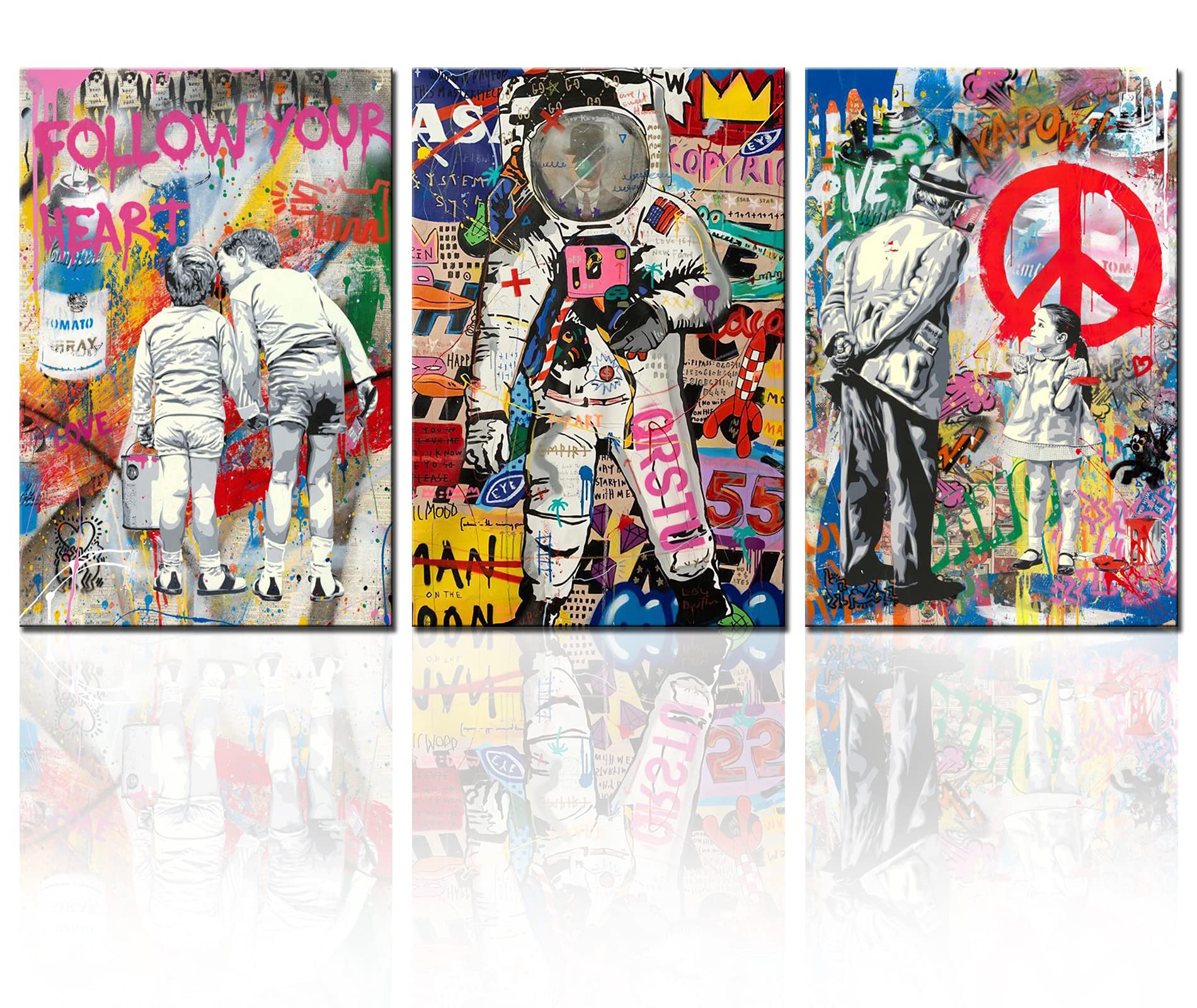 Tucocoo Room Decor Paintings Abstract Astronaut Pictures 3 Panel Canvas Banksy Graffiti Wall Art Colorful Modern Artwork Home Decor for Living Room Framed Gallery-wrapped Ready to Hang 48''Wx24''H