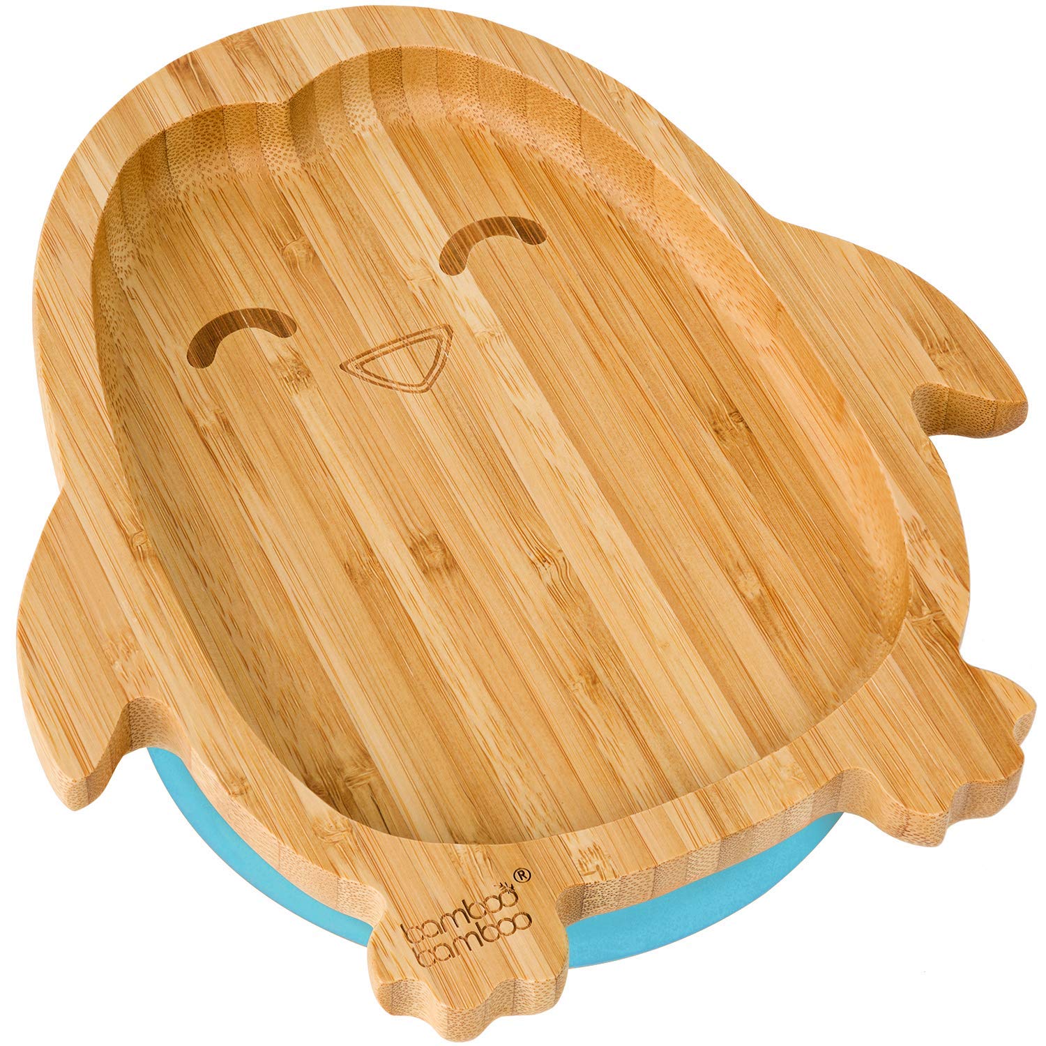 bamboo bamboo Baby and Toddler Plate for Feeding and Weaning, Bamboo Penguin Plate with Secure Suction, Suction Plates for Babies from 6 Months (Penguin, Blue)