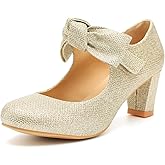 Rjclyh Glitter Mary Jane Pumps for Women, Sparkly Chunky Heels with Bow, Comfortable Gold Dress Shoes for Wedding Party Gold 8.5
