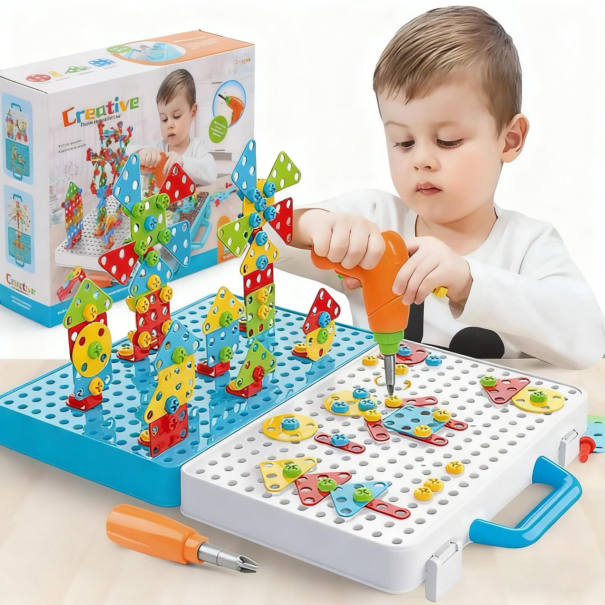 Nukdey 3D Take Apart Toy Electric Drill Set 316pcs 4 in 1 Creative Puzzles Assembly DIY Construction Building Set with Electric Drill Screwdriver Peg Board Mosaic Educational Toy for Kids Boys Girls