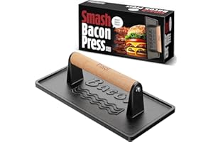 Pisol Bacon Press Smash Burger Press, Pre-Seasoned Cast Iron Hamburger, 2 lb Heavy-Duty Grill Bacon Meat Press Tool with Wood Handle