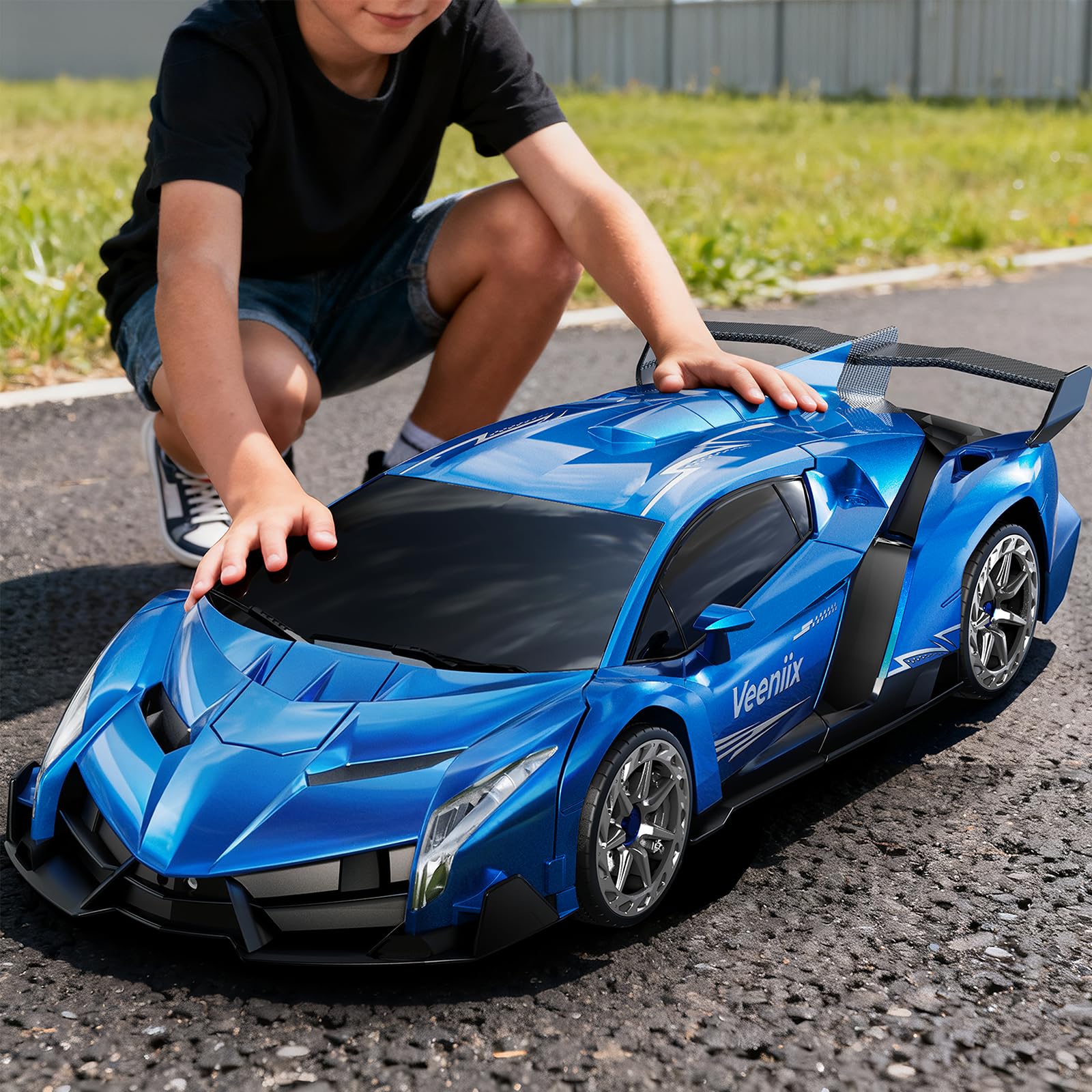Photo 1 of **MISSING CHARGER** Veeniix V991 Transform Remote Control Car, 1:10 Big Size, 2 Rechargeable Batteries for 70Min, 2.4GHz Gesture Sensing, One-Key Deformation, Robot Toys Gifts for Boys and Girls (Blue)