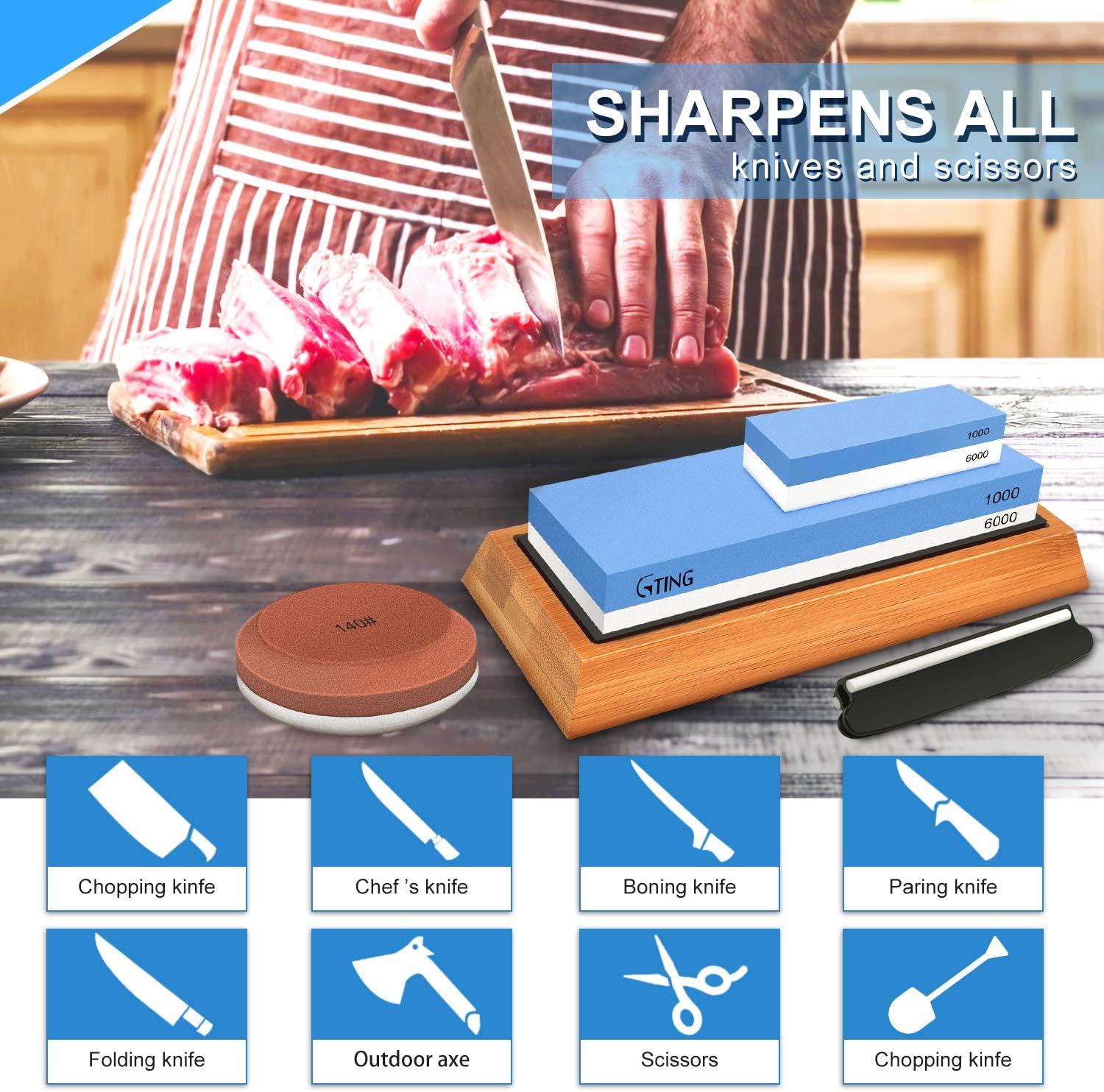 Whetstone Knife Sharpening Stone Set, G-TING 140/320, 1000/6000 Grit Whetstone Sharpener, Dual Grit Multi-Purpose Sharpener, Polishing Tool Sharpener Hatchet Large Sharpening Stone Kit - - 