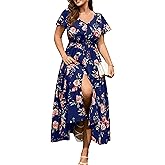 RWJ Women Plus Size Maxi Dress V Neck Short Sleeve Button Trim Split Flowy Tiered Casual Long Dresses 2025 L-3XL