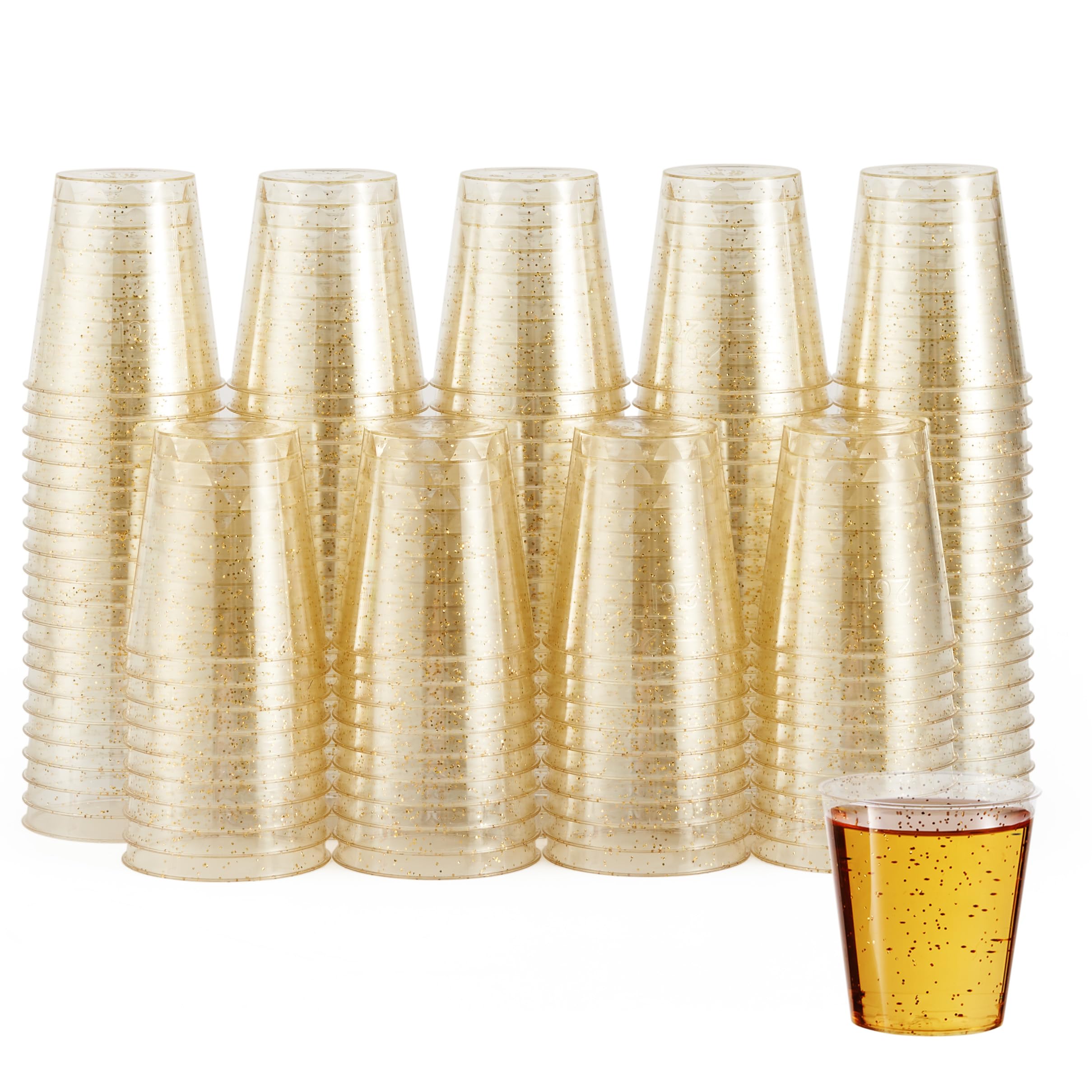 MATANA 60 Plastic Shot Glasses, Gold Glitter (30ml / 1oz) - Reusable - Shot Glasses Plastic, Shot Glass, Jelly Shots, Sample Tasting Cups - Shot Cups for Parties, Birthdays, Weddings, Hen Parties