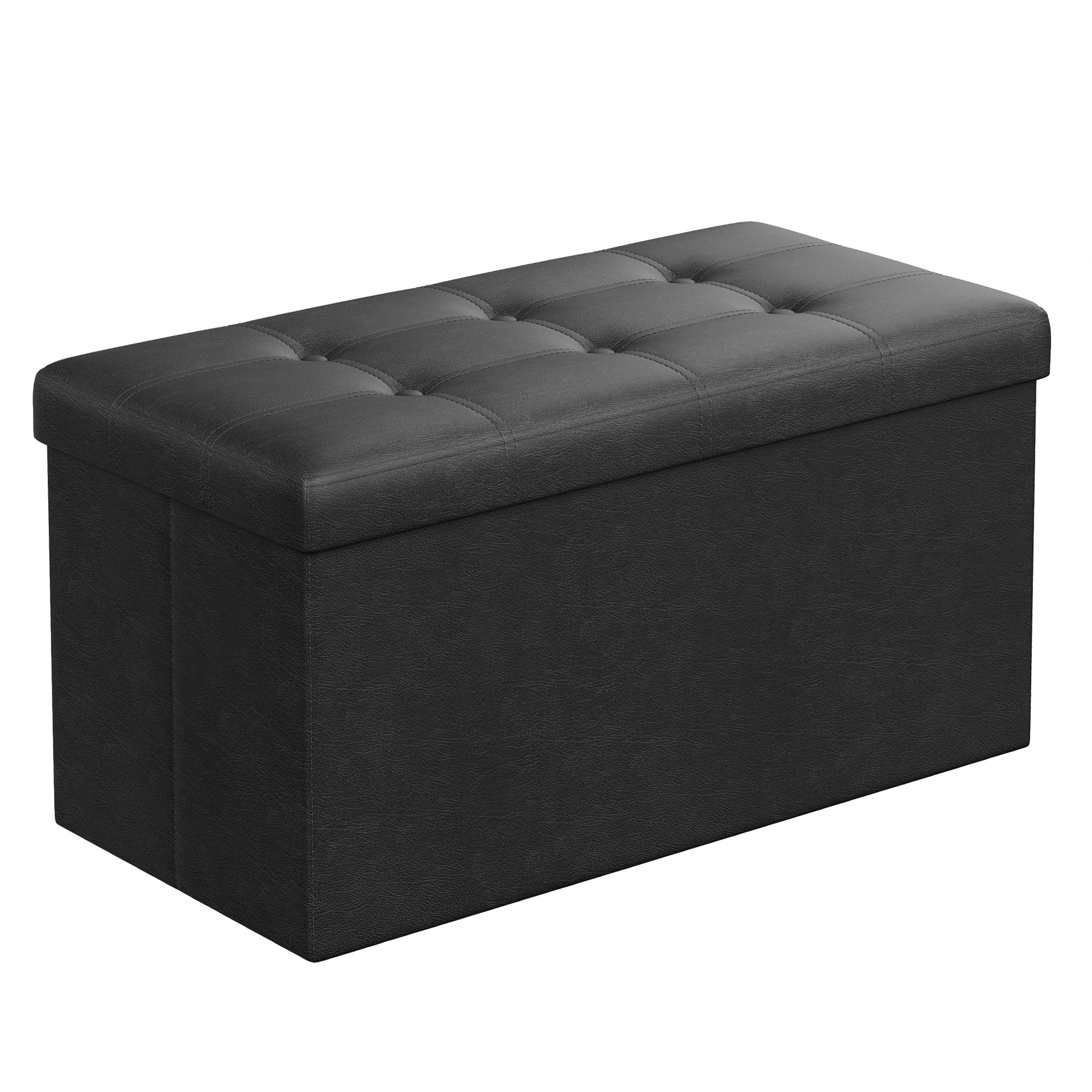 SONGMICS MAZIE Collection-30 Inches Folding Bench Ottoman with Storage, Foot Rest Stool, Load 660 lb, for Living Room, Synthetic Leather, Black ULSF105, 15