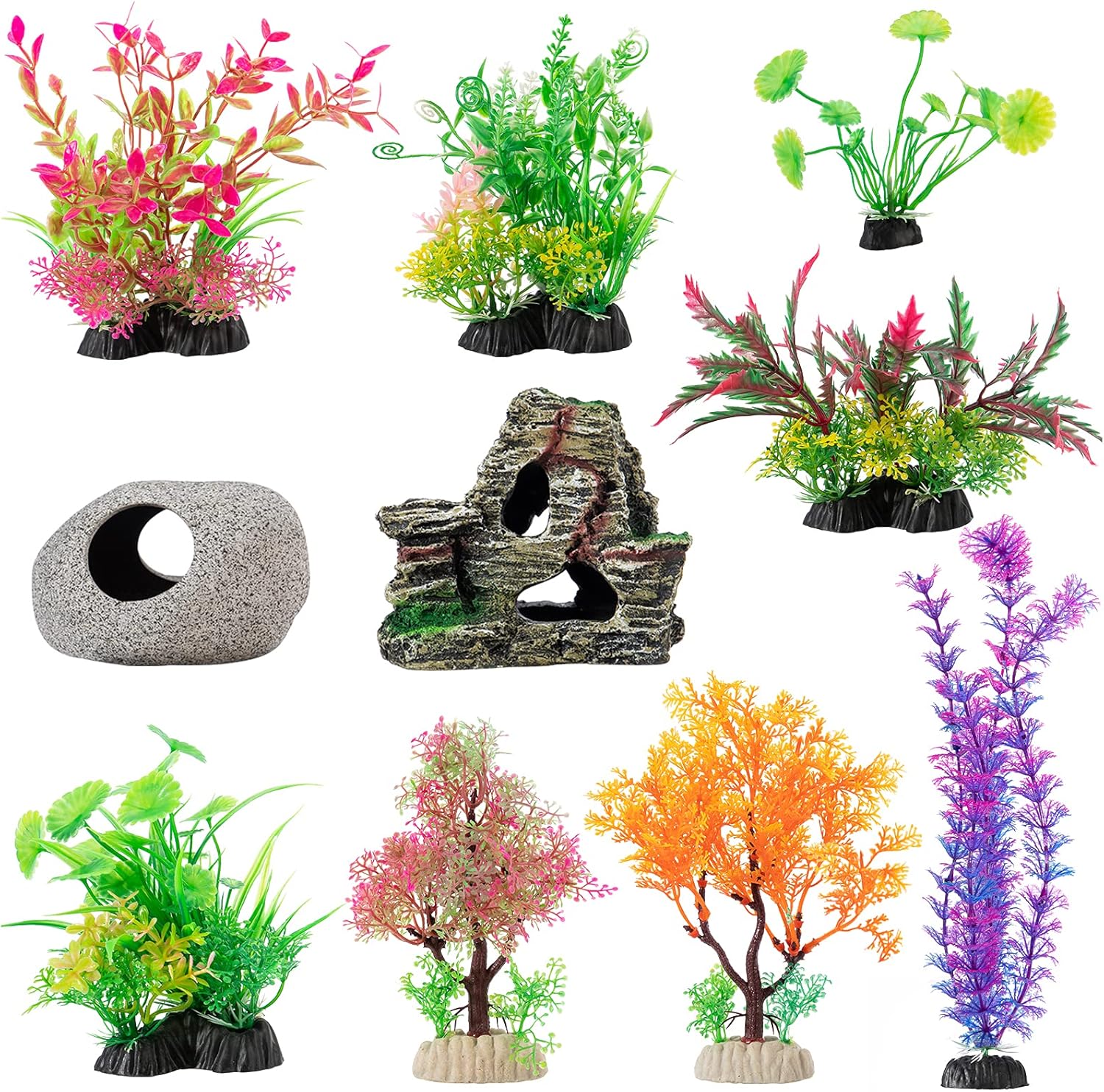 10 Pcs Aquarium Decoration Plants- Artificial Aquatic Plants Fish Tank Plastic Plants and Cave Rockery Set for Household Office Aquarium Simulation